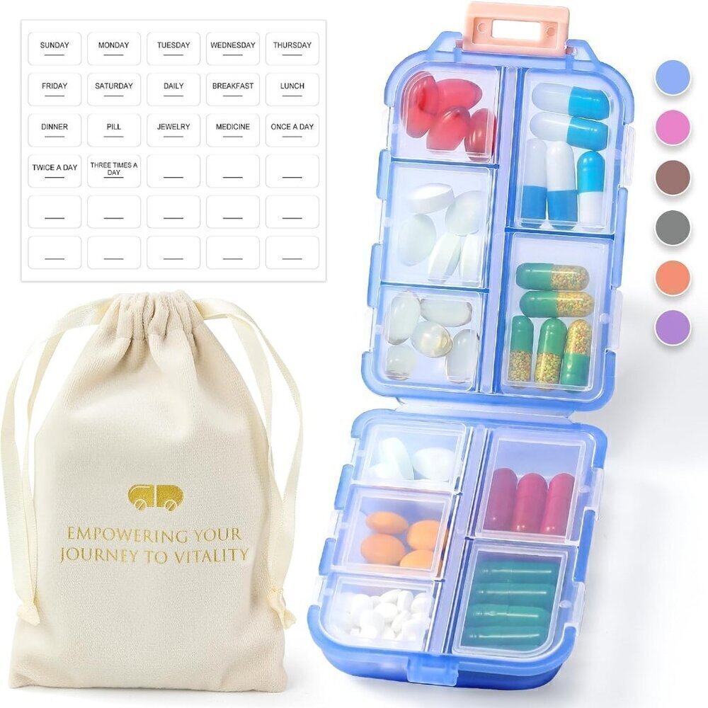 Travel Pill Organizer w Labels & 1 Drawstring Pouch (BLUE) / BRAND NEW SEALED.